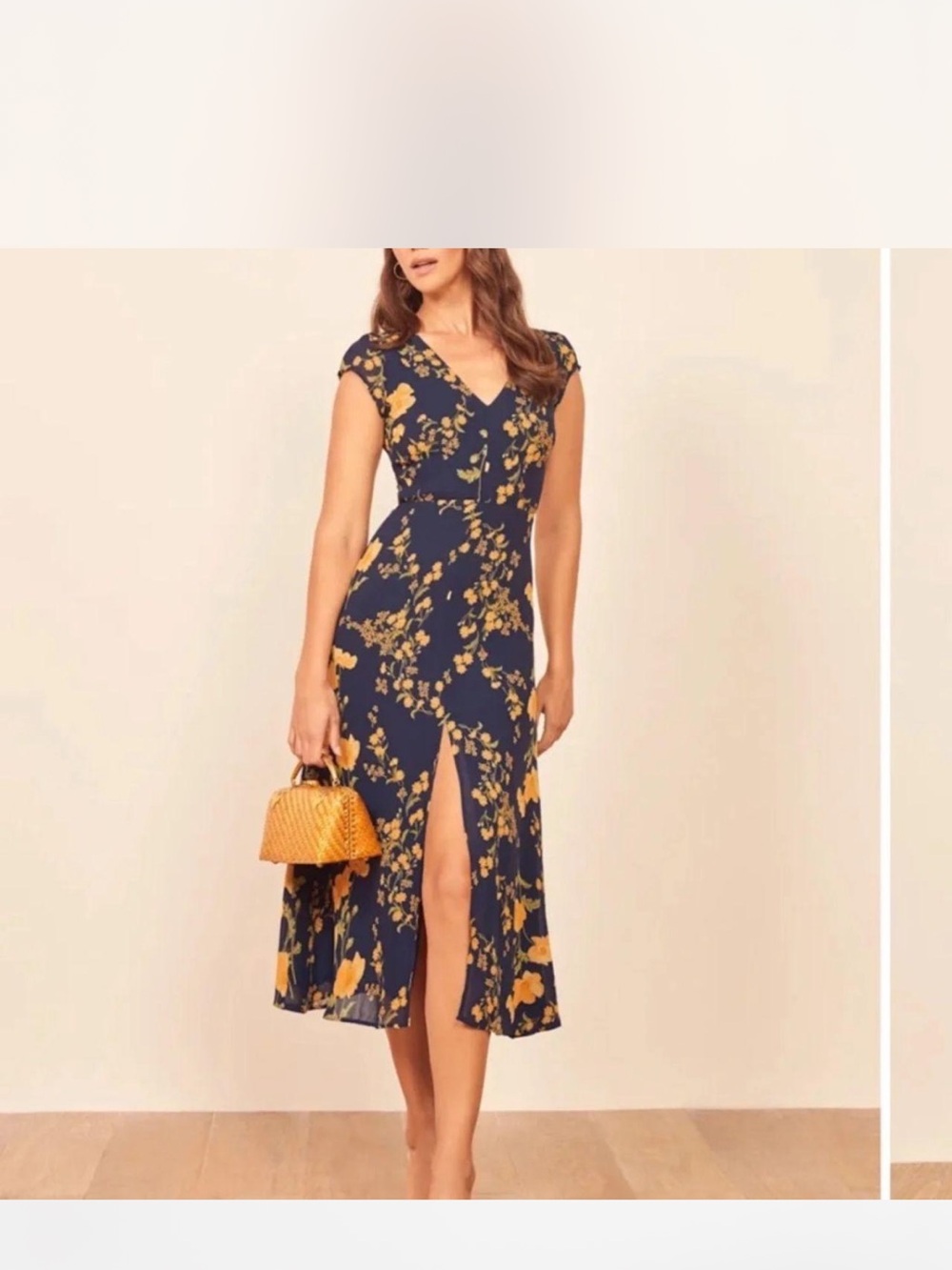 Reformation Navy Floral Puff-Sleeve Maxi Dress